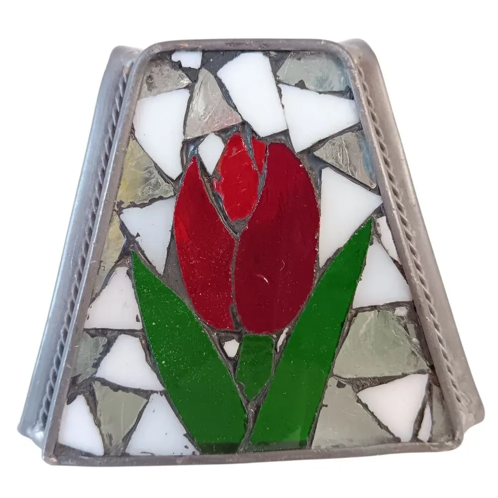 Vintage Stained Glass Lamp Shade Red Pink Yellow Tulips Replacement Small 3.75x3